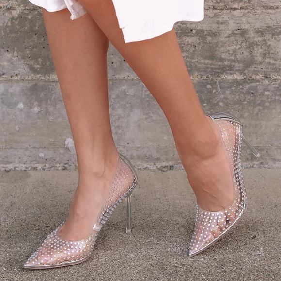 Steve Madden Women's Vala-r Heel in Rhinestone Crystal Silver Clear Pointed Toe - Picture 2 of 14